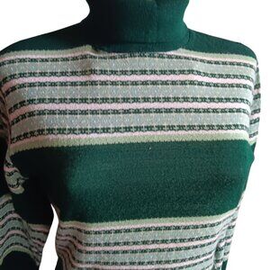 Vintage Turtleneck Sweater Women's Medium 1970's Green/White Striped Buttery